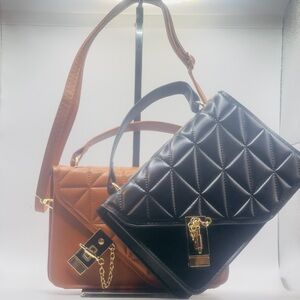 Elegant Black and Brown Quilted Handbag Set